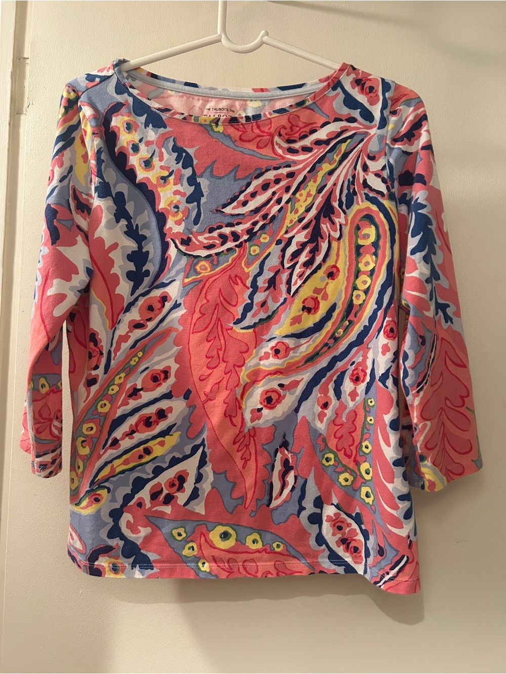 Talbots Paisley Boatneck Long Sleeve Top in Pink, Blue & Yellow